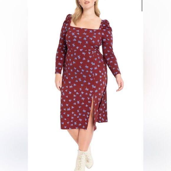 Eloquii Floral Puff Sleeve Midi Dress - Picture 1 of 5